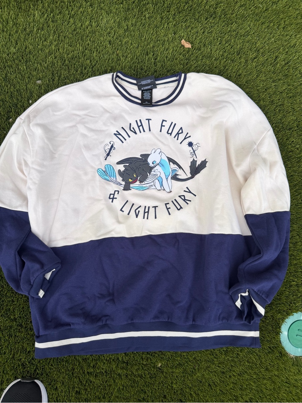 Colorblock Crewneck Sweater in White & Navy with Night Fury & Light Fury.